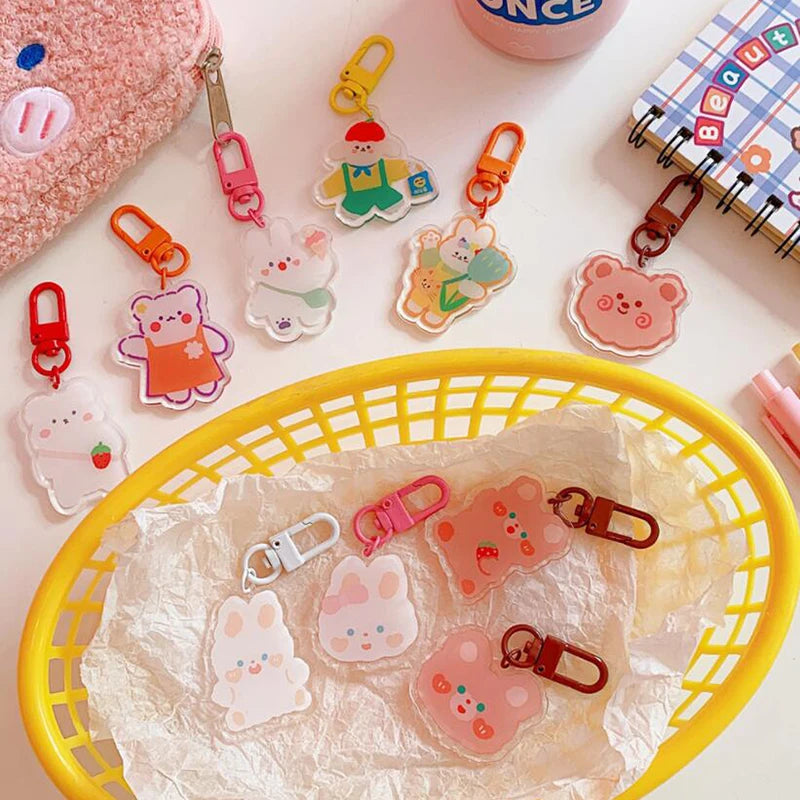 Dospita Korean Rabbit Puppy Bear Keychains Metal Earphone Case Pendant Girls Student Backpack Trinkets Cartoon Fashion Animal Jewelry