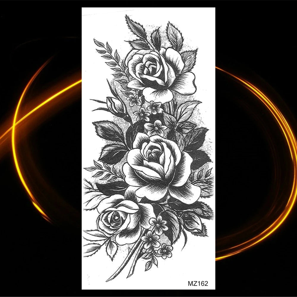 Dospita  -  Black Realistic Rose Flower Temporary Tattoos For Women Adult Girl Peony Realistic Fake Tattoowashable Half Sleeve Tatoos Decal