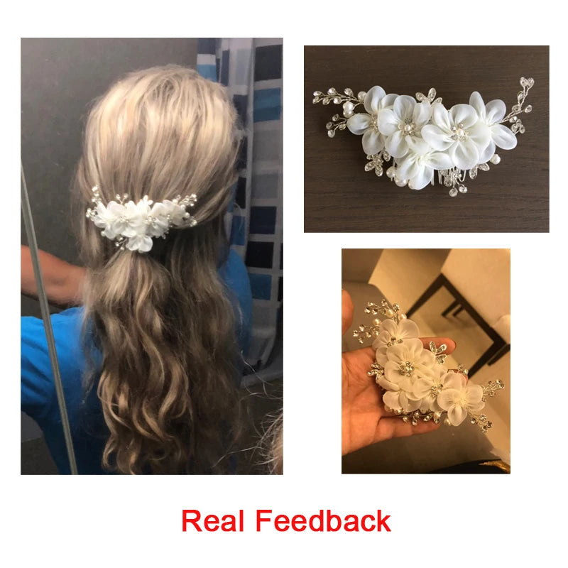 Dospita Handmade Crystal Pearl White Color Yarn Flower Hair Combs Headpieces Women Bride Noiva Wedding Hair Jewelry Accessories