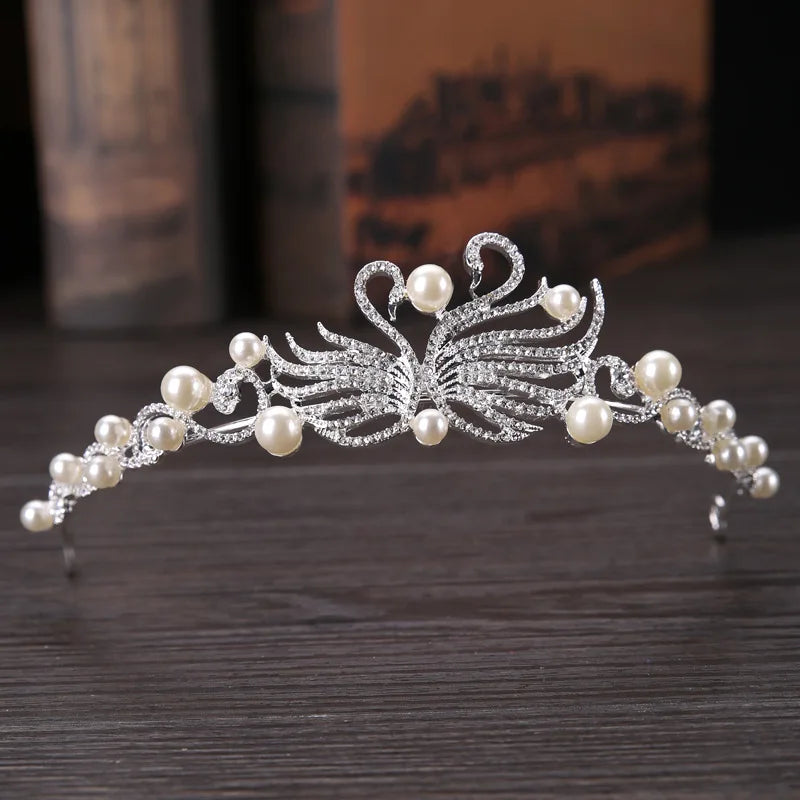 Dospita Women Simulation Pearl Fashion Tiaras Crown Bridal Wedding Elegant Dress Headpieces Ladies Swan Metal Hairband Hair Jewelry