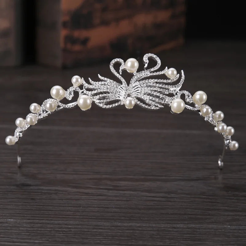 Dospita Women Simulation Pearl Fashion Tiaras Crown Bridal Wedding Elegant Dress Headpieces Ladies Swan Metal Hairband Hair Jewelry