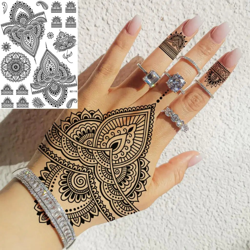 Dospita  -  Black Henna Lotus Pendant Temporary Tattoos For Women Adult DreamCatcher Elephant Fake Tattoo Body Art Underboob Tatoos