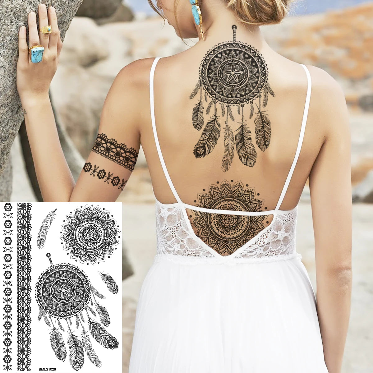 Dospita  -  Black Henna Lotus Pendant Temporary Tattoos For Women Adult DreamCatcher Elephant Fake Tattoo Body Art Underboob Tatoos