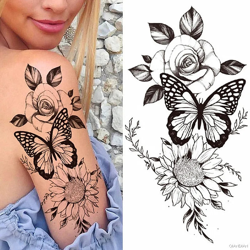 Dospita  -  Sexy Flower Bird Temporary Waterproof Tattoo Sticker Girl Butterfly Dreamcatcher Cross Body Arm Sleeve Chest Fake Totem Women