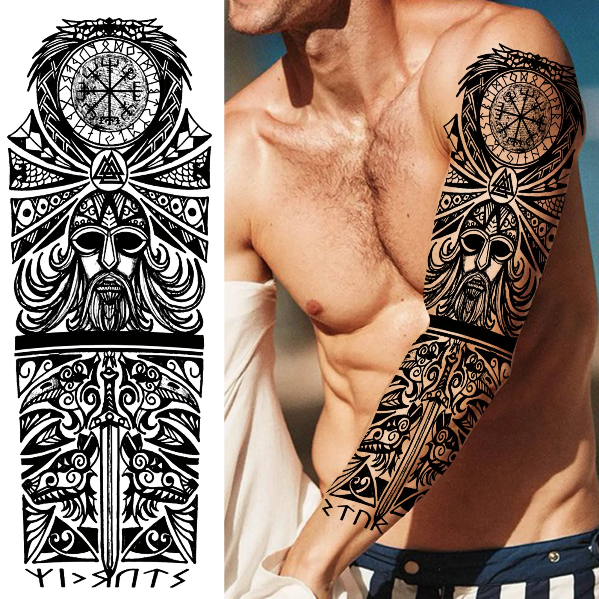 Dospita  -  Black Forest Wolf Temporary Tattoos Sleeve For Men Women Fake Soldier Compass Eye Tattoo Sticker Full Arm Washable Tatoos Sets