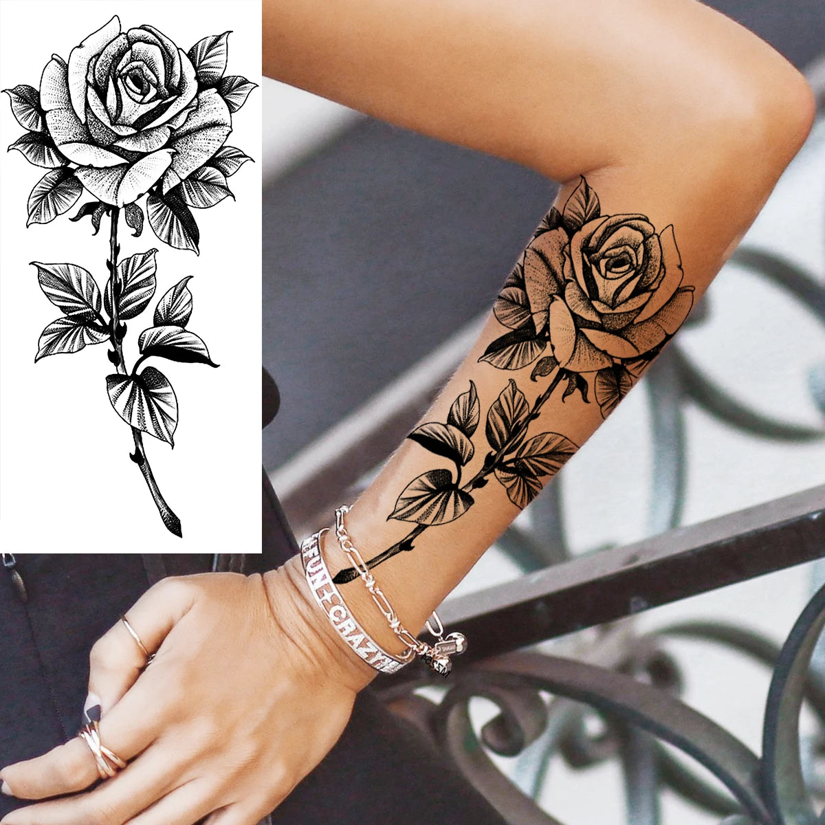 Dospita  -  Black Realistic Rose Flower Temporary Tattoos For Women Adult Girl Peony Realistic Fake Tattoowashable Half Sleeve Tatoos Decal