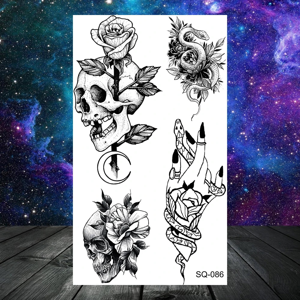 Dospita  -  3D Realistic Snake Moon Temporary Tattoos For Women Adult Men Kids Rose Flower Skull Wolf Fake Tattoo Neck Arm Hands Small Tatoo