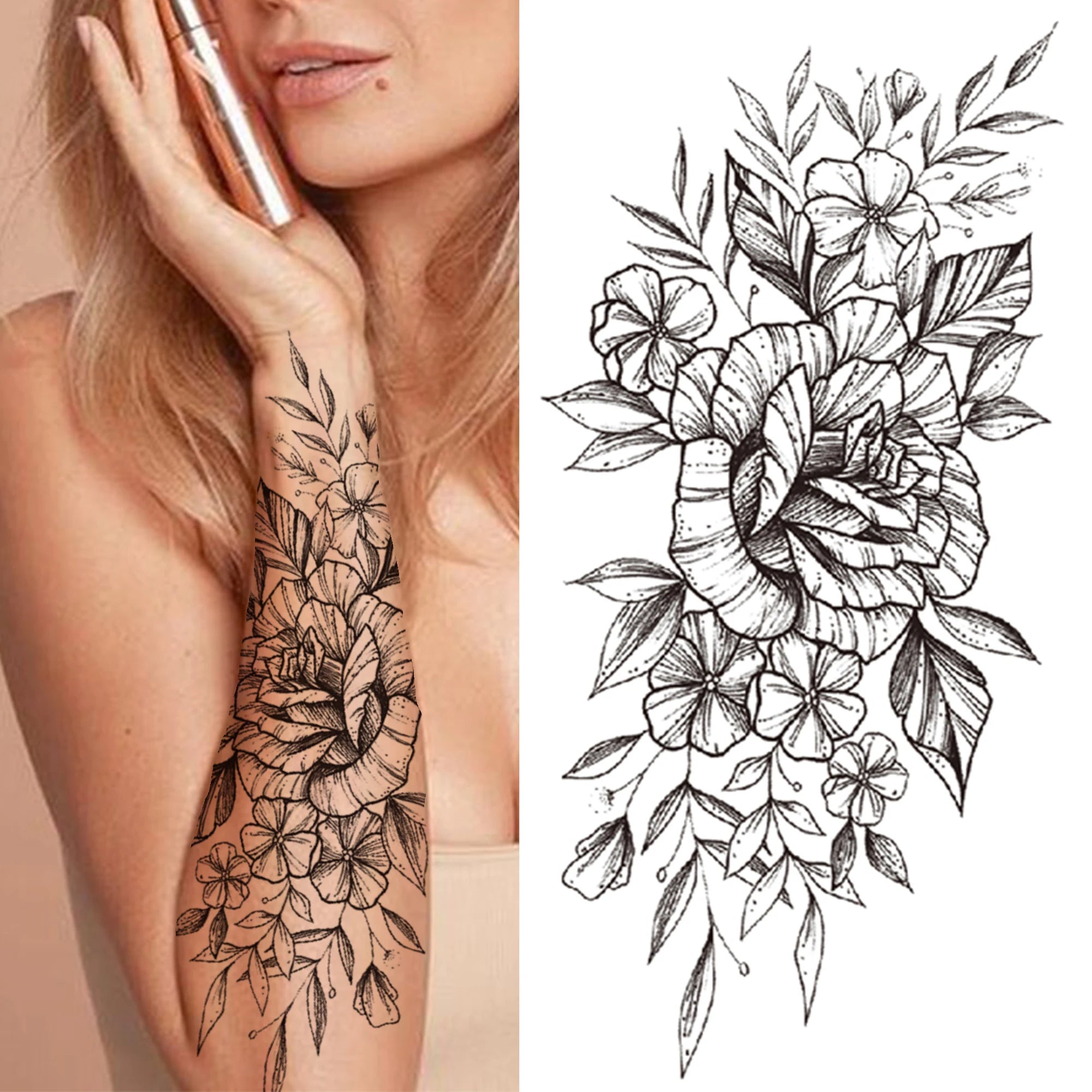 Dospita  -  Black 3D Rose Temporary Tattoo For Women Girls Adult Peony Dahlia Flower Tattoos Sticker Black Flora Glory Geometric Arm Tatoos