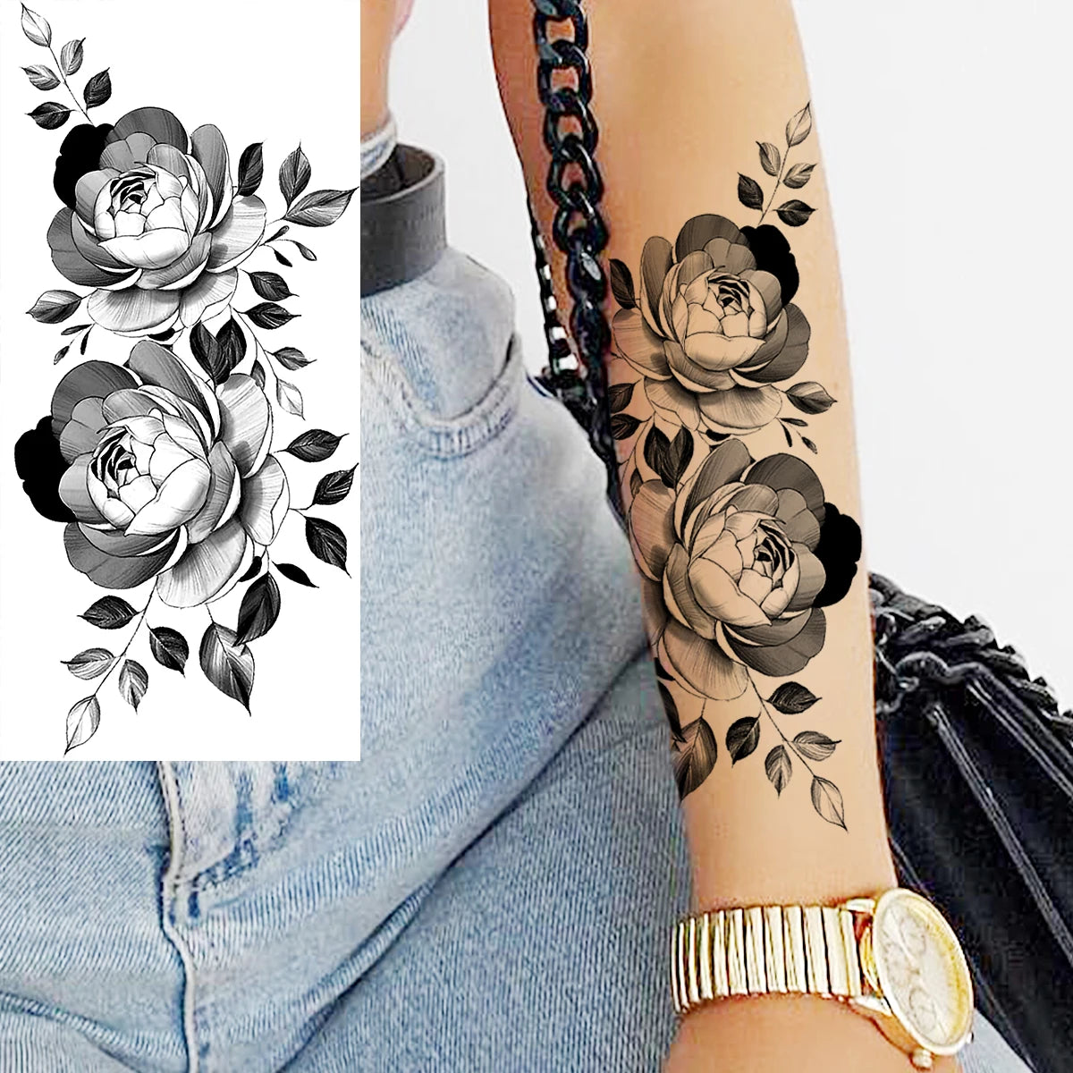 Dospita  -  Black Realistic Rose Flower Temporary Tattoos For Women Adult Girl Peony Realistic Fake Tattoowashable Half Sleeve Tatoos Decal