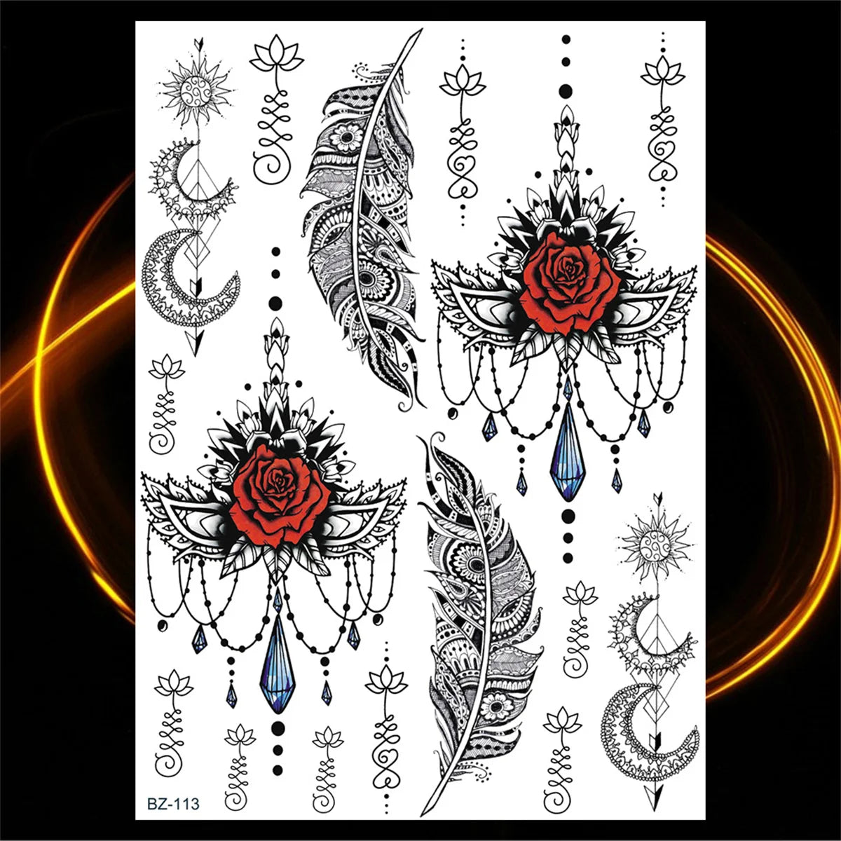 Dospita  -  Black Henna Lotus Pendant Temporary Tattoos For Women Adult DreamCatcher Elephant Fake Tattoo Body Art Underboob Tatoos