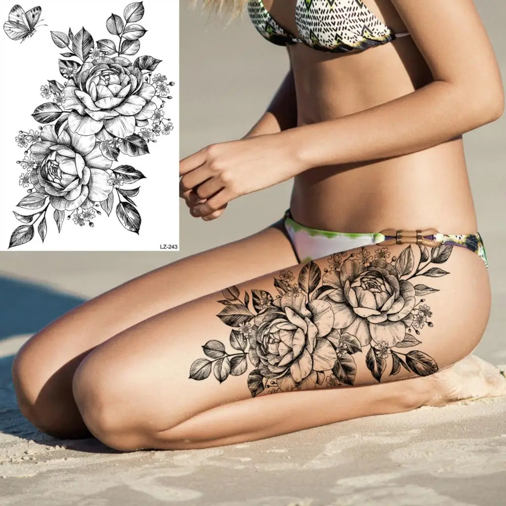 Dospita  -  3D Black Rose Flower Mandala Pendant Temporary Tattoos For Women Adult Lotus Peony Compass Fake Tattoo Sexy Thigh Washable Tatoo