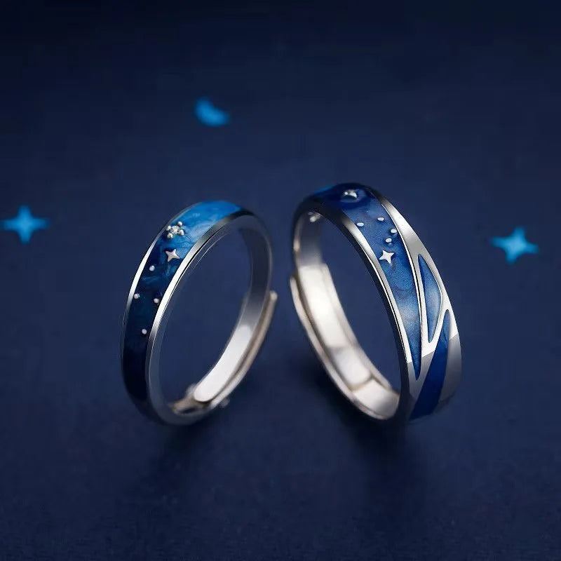 Dospita New Ins Simple Blue Starry Rings Vintage Open Finger Adjustable Star Rings For Women Men Couple Fashion Wedding Jewelry Gift