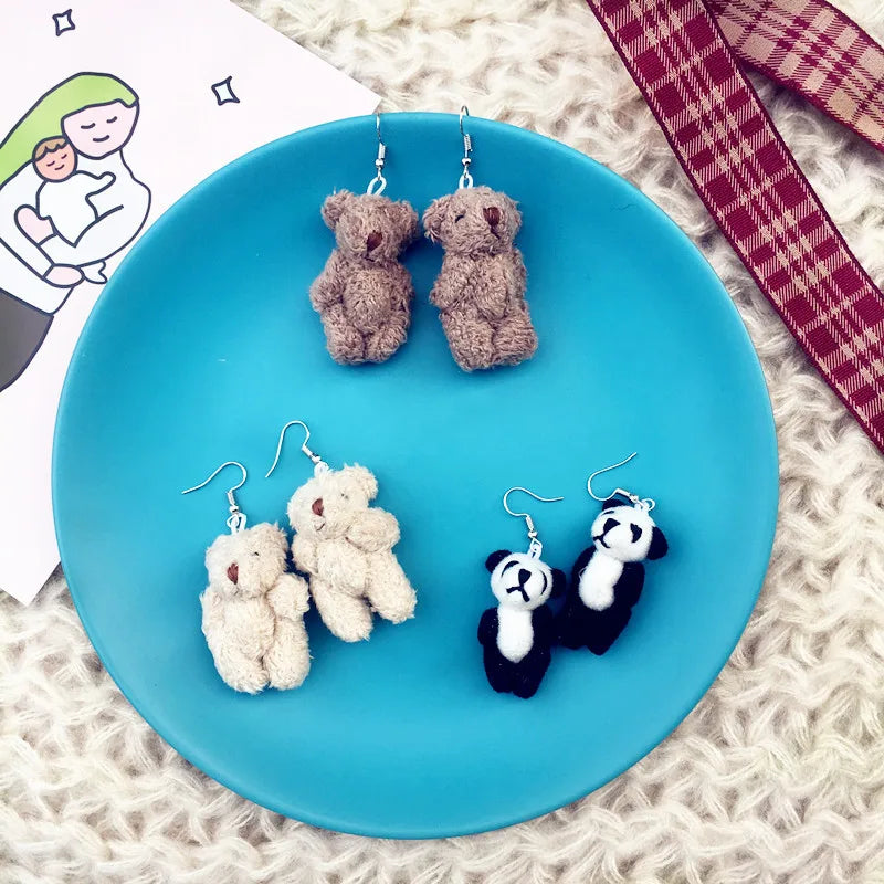 Dospita New Korean Creative Hand-made Cute Plush Bear Earrings Fall Winter Bear Dangle Earrings For Women Fashion Jewelry Accessories