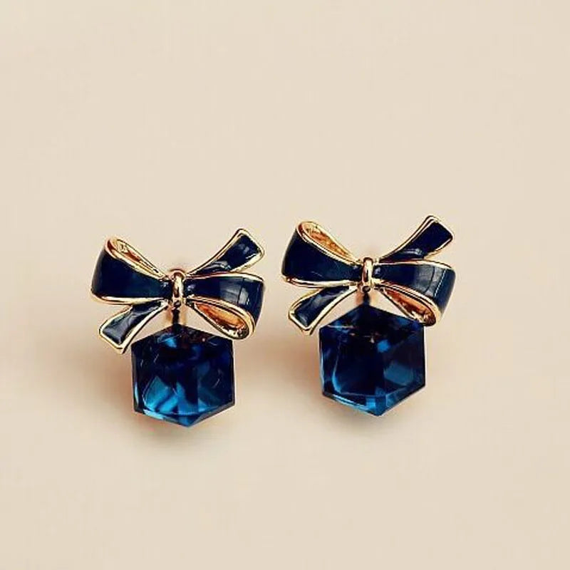 Dospita New jewelry fashion Blue Color Bowknot Cube Crystal Earring Square bow Earrings for Women Pretty gift