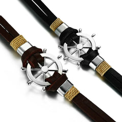 Dospita New Vintage Black Brown Alloy Rudder Bracelet Trendy Leather Rope Anchor Ship Rudder Braided Bracelets For Men Fashion Jewelry