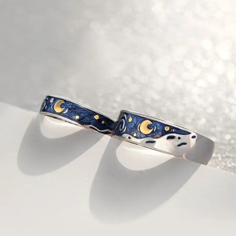 Dospita  -  2Pcs S925 Silver Plated Van Gogh Blue Starry Sky Open Lover Rings Band Love Forever Ring Set Romantic Jewelry