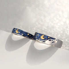 Dospita  -  2Pcs S925 Silver Plated Van Gogh Blue Starry Sky Open Lover Rings Band Love Forever Ring Set Romantic Jewelry