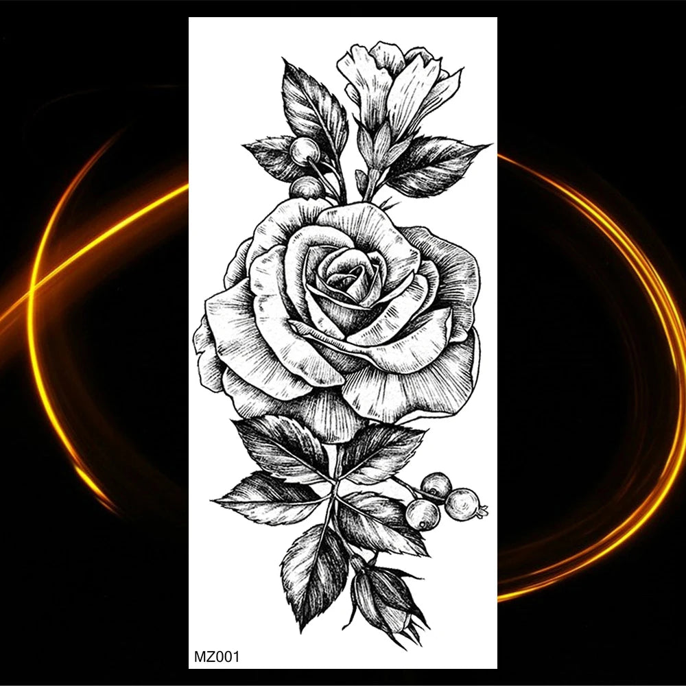 Dospita  -  Black Realistic Rose Flower Temporary Tattoos For Women Adult Girl Peony Realistic Fake Tattoowashable Half Sleeve Tatoos Decal