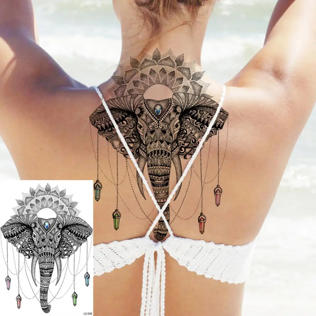 Dospita  -  Black Henna Lotus Pendant Temporary Tattoos For Women Adult DreamCatcher Elephant Fake Tattoo Body Art Underboob Tatoos