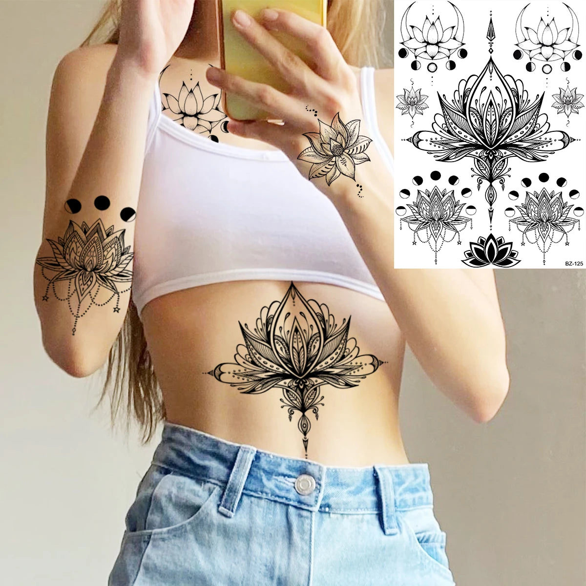 Dospita  -  Black Henna Lotus Pendant Temporary Tattoos For Women Adult DreamCatcher Elephant Fake Tattoo Body Art Underboob Tatoos