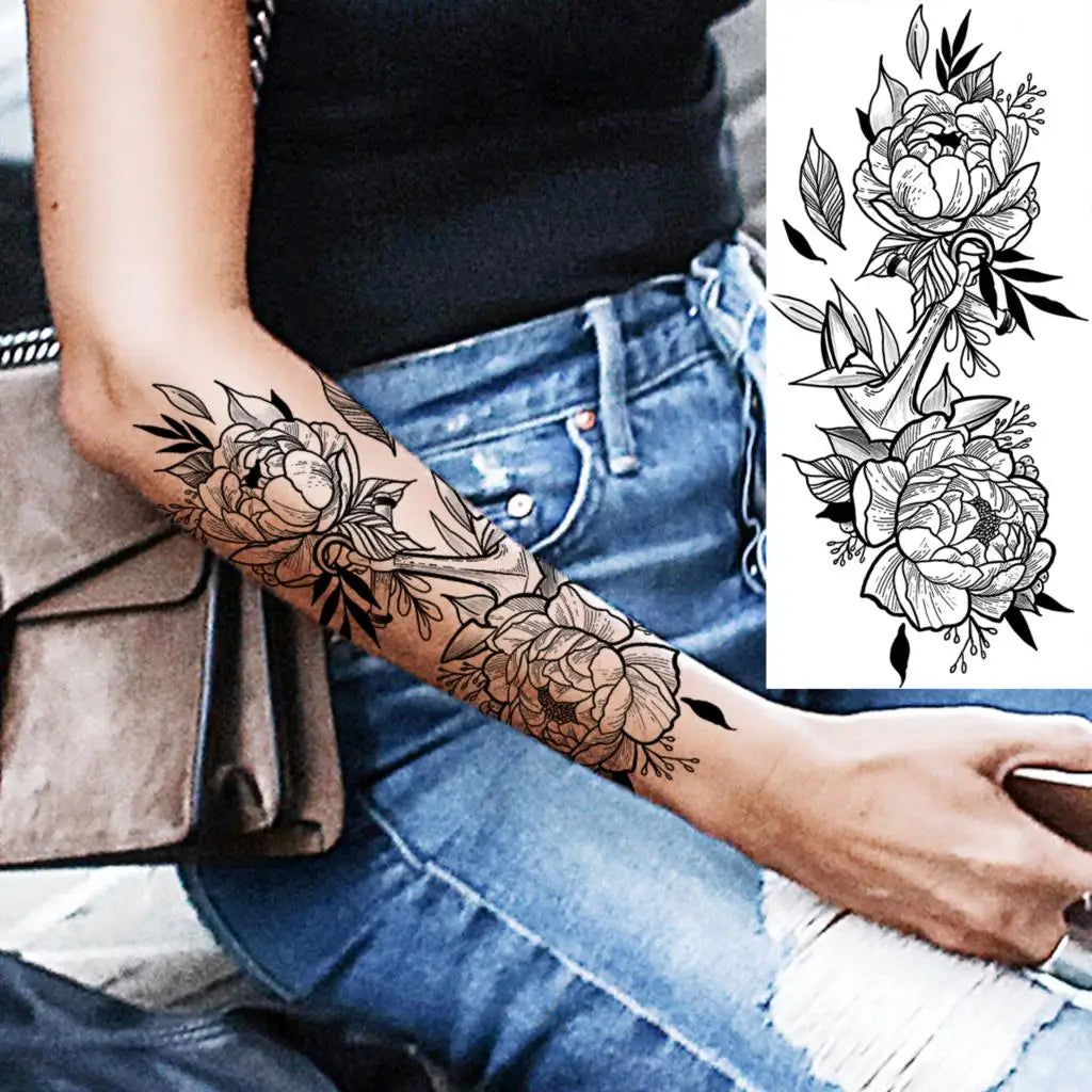 Dospita  -  Black Realistic Rose Flower Temporary Tattoos For Women Adult Girl Peony Realistic Fake Tattoowashable Half Sleeve Tatoos Decal