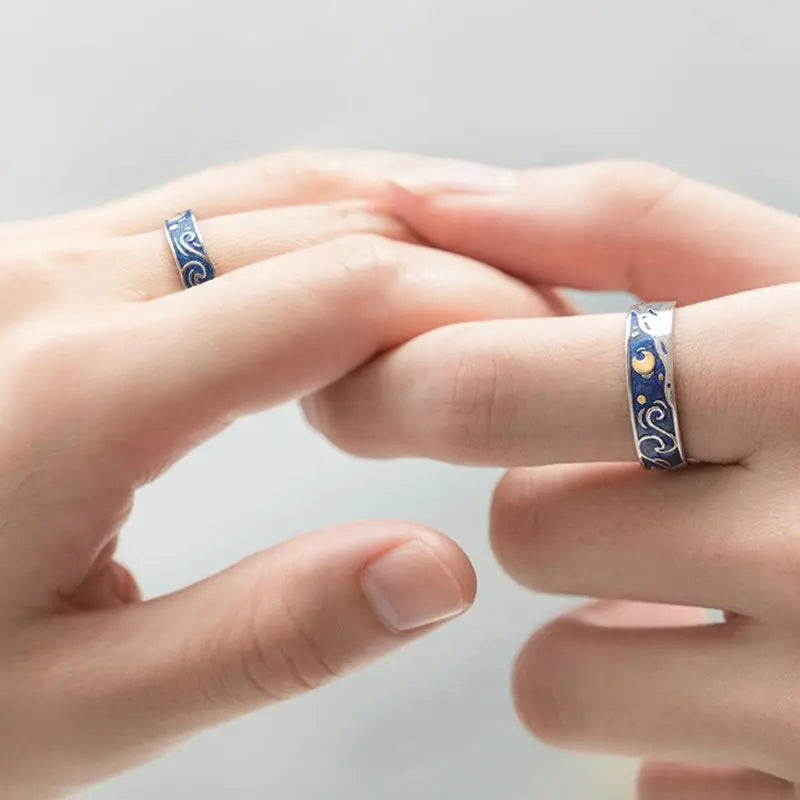 Dospita  -  2Pcs S925 Silver Plated Van Gogh Blue Starry Sky Open Lover Rings Band Love Forever Ring Set Romantic Jewelry