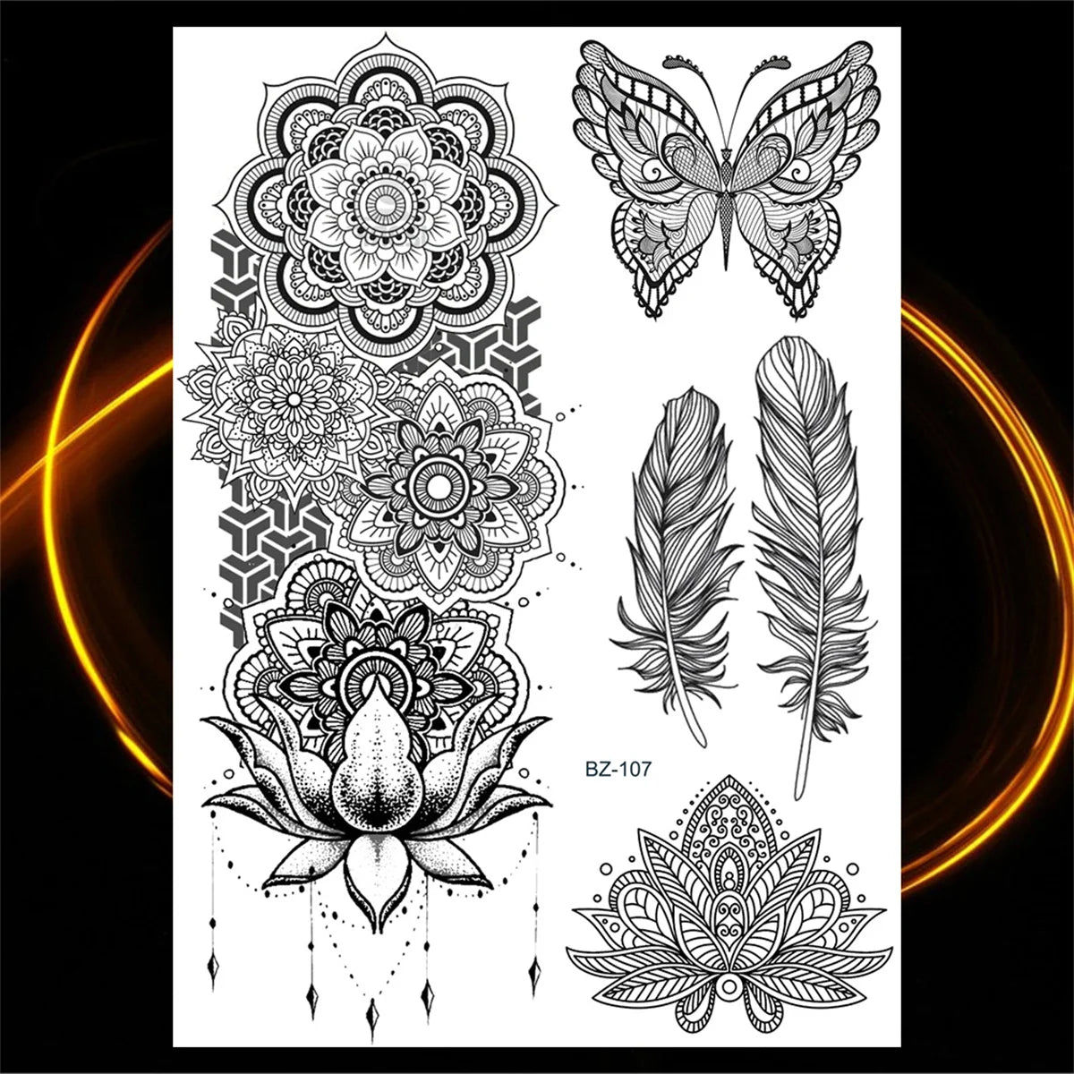 Dospita  -  Black Henna Lotus Pendant Temporary Tattoos For Women Adult DreamCatcher Elephant Fake Tattoo Body Art Underboob Tatoos