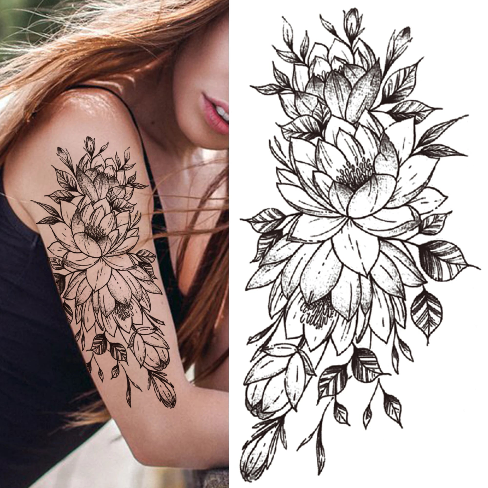 Dospita  -  Black 3D Rose Temporary Tattoo For Women Girls Adult Peony Dahlia Flower Tattoos Sticker Black Flora Glory Geometric Arm Tatoos