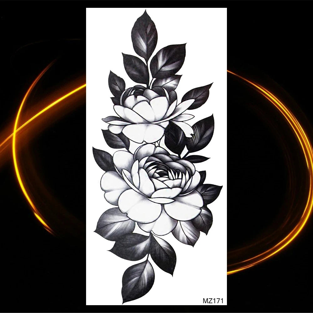 Dospita  -  Black Realistic Rose Flower Temporary Tattoos For Women Adult Girl Peony Realistic Fake Tattoowashable Half Sleeve Tatoos Decal