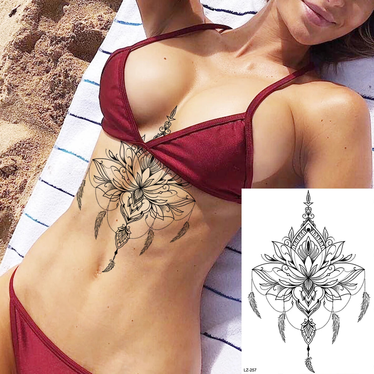 Dospita  -  Black Henna Lotus Pendant Temporary Tattoos For Women Adult DreamCatcher Elephant Fake Tattoo Body Art Underboob Tatoos