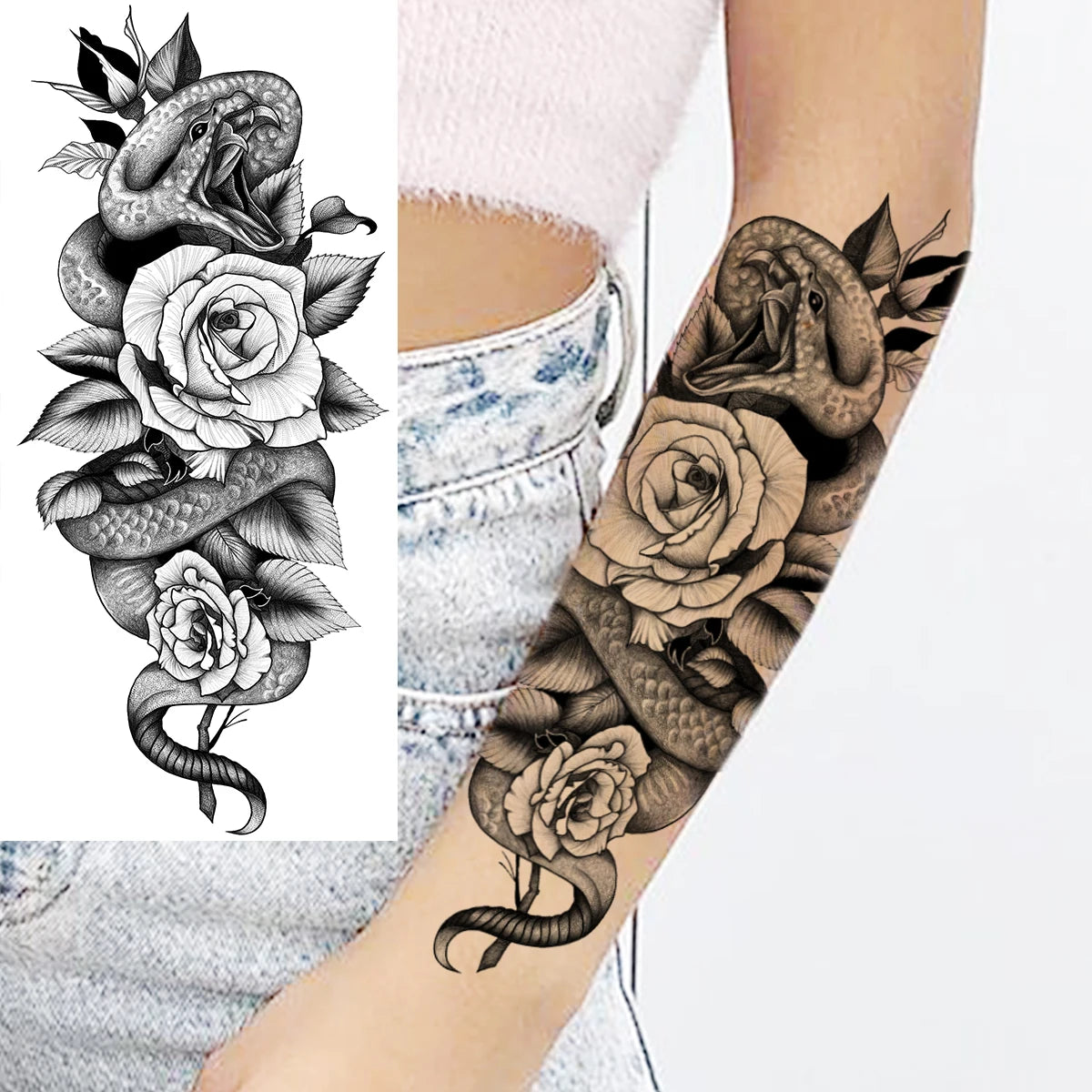 Dospita  -  Black Realistic Rose Flower Temporary Tattoos For Women Adult Girl Peony Realistic Fake Tattoowashable Half Sleeve Tatoos Decal