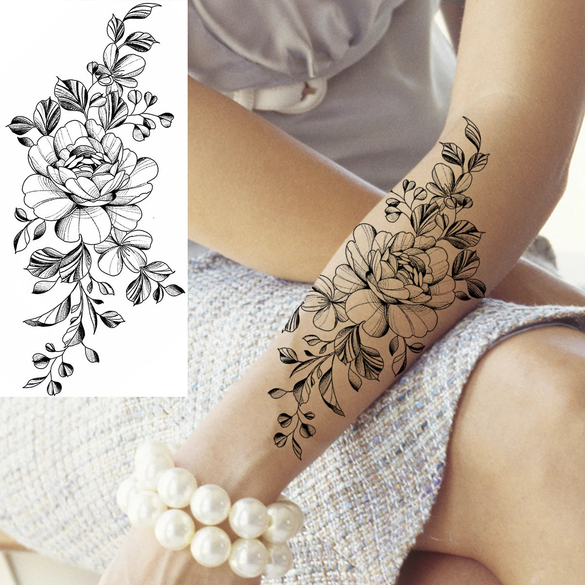 Dospita  -  Black Realistic Rose Flower Temporary Tattoos For Women Adult Girl Peony Realistic Fake Tattoowashable Half Sleeve Tatoos Decal