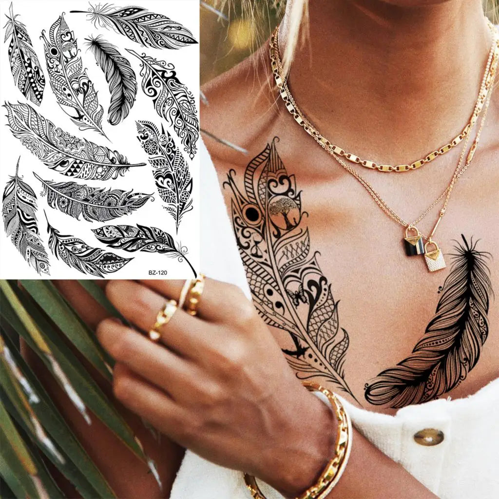 Dospita  -  Black Henna Lotus Pendant Temporary Tattoos For Women Adult DreamCatcher Elephant Fake Tattoo Body Art Underboob Tatoos