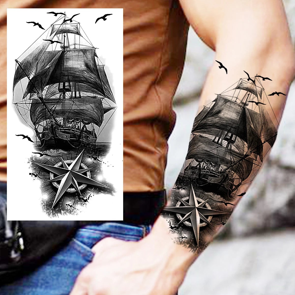 Dospita  -  Black Pirate Ship Temporary Tattoos For Women Men Realistic Lion Vampire Compass Flower Fake Tattoo Sticker Forearm Tatoos DIY