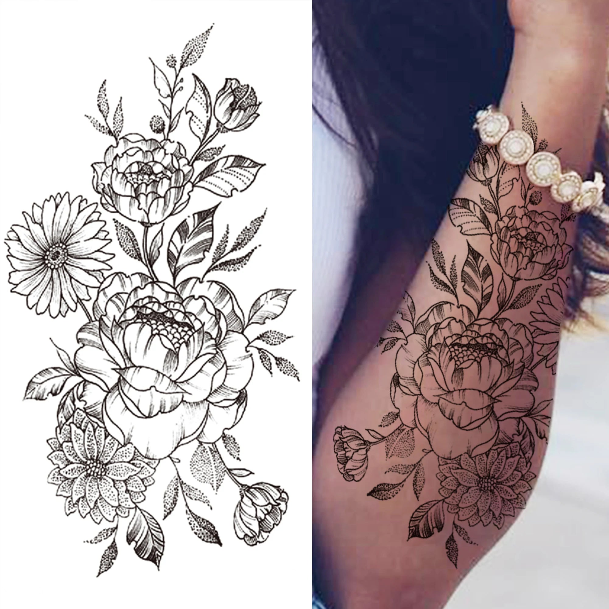 Dospita  -  Black 3D Rose Temporary Tattoo For Women Girls Adult Peony Dahlia Flower Tattoos Sticker Black Flora Glory Geometric Arm Tatoos