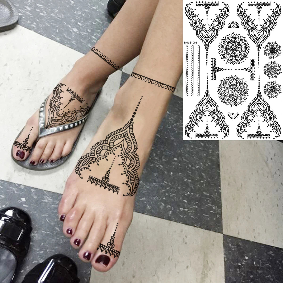 Dospita  -  Black Henna Lotus Pendant Temporary Tattoos For Women Adult DreamCatcher Elephant Fake Tattoo Body Art Underboob Tatoos