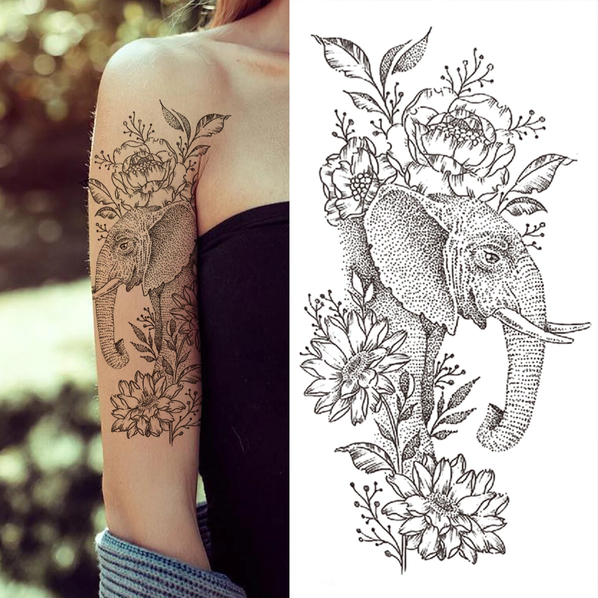 Dospita  -  Black 3D Rose Temporary Tattoo For Women Girls Adult Peony Dahlia Flower Tattoos Sticker Black Flora Glory Geometric Arm Tatoos