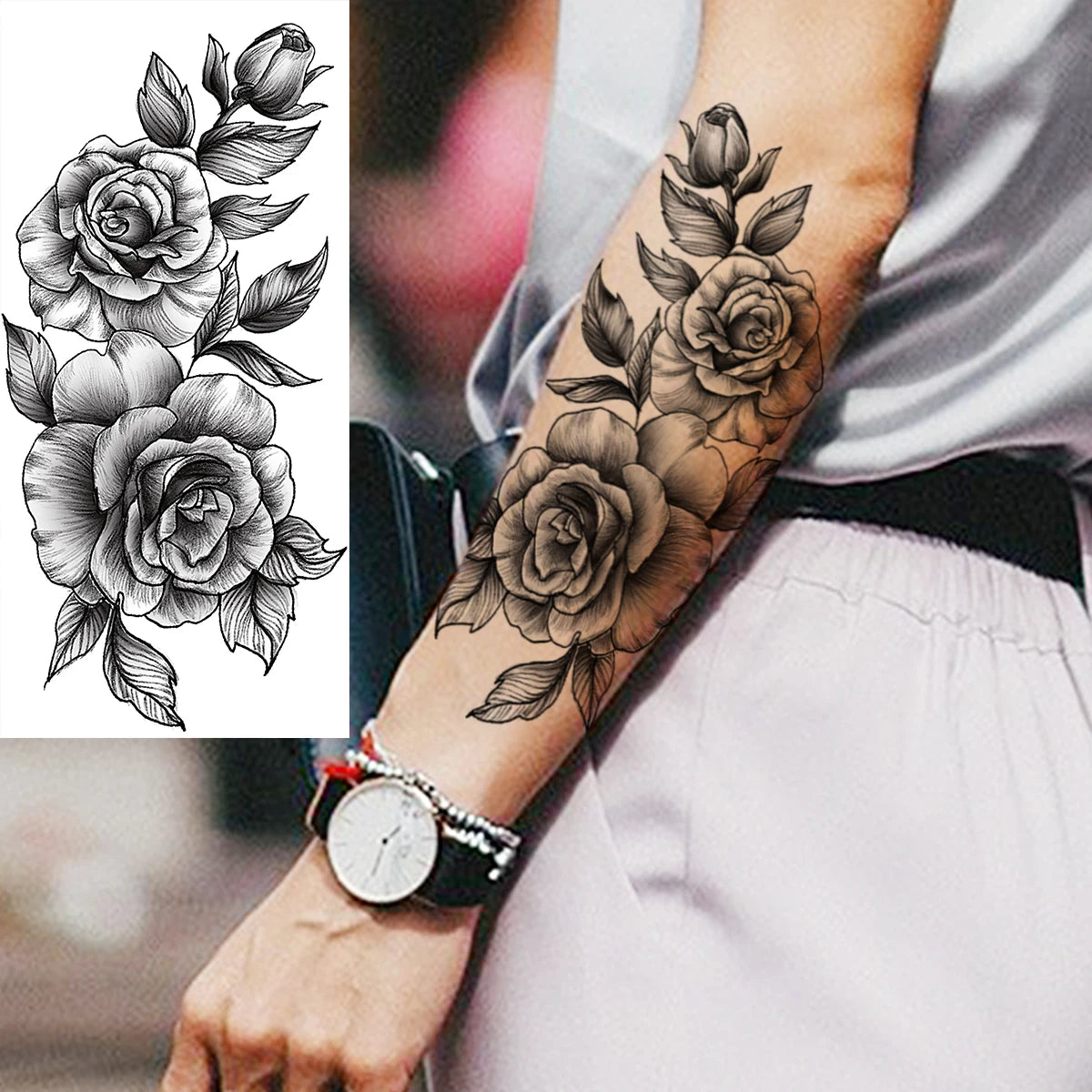 Dospita  -  Black Realistic Rose Flower Temporary Tattoos For Women Adult Girl Peony Realistic Fake Tattoowashable Half Sleeve Tatoos Decal