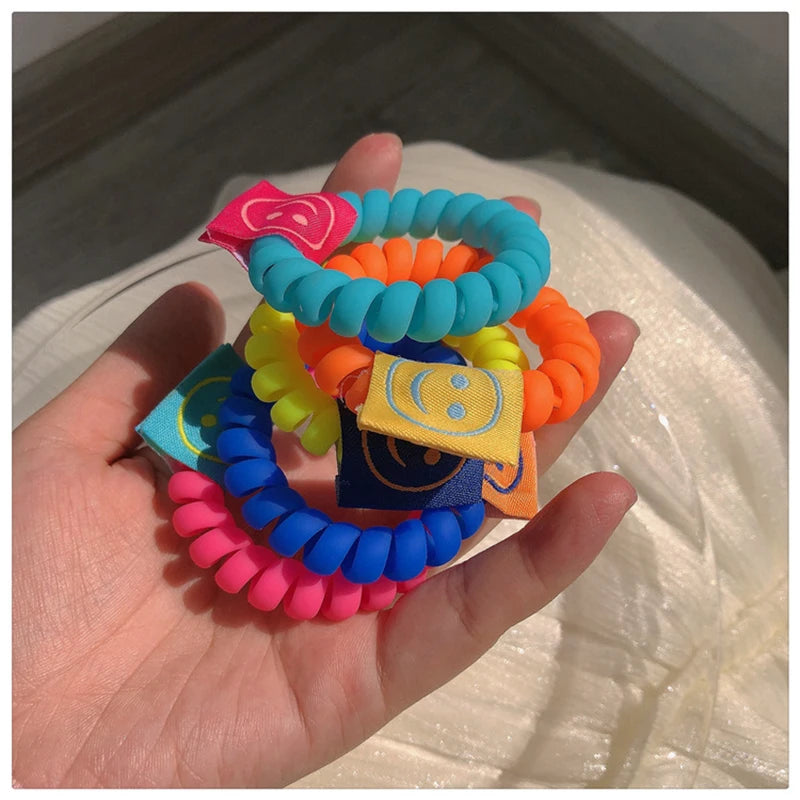 Dospita New Ins Candy Color Hair Ring Telephone Wire Rubber Bands Stretchy Colors Spiral Coil Smiley Ropes For Women Girls Accessories