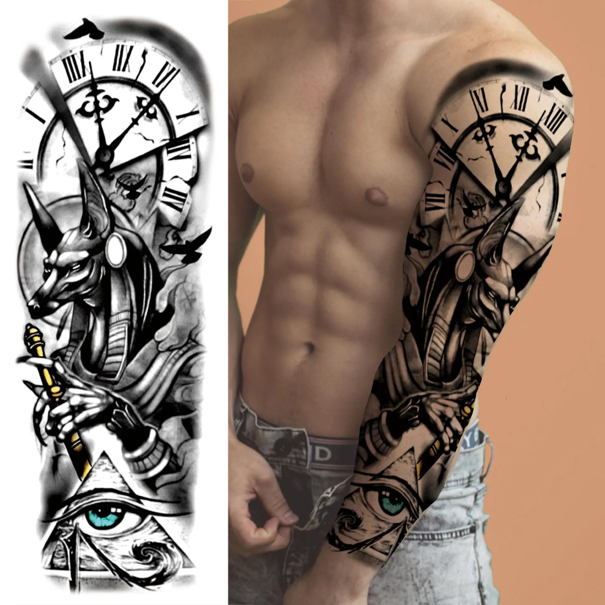 Dospita  -  Black Forest Wolf Temporary Tattoos Sleeve For Men Women Fake Soldier Compass Eye Tattoo Sticker Full Arm Washable Tatoos Sets