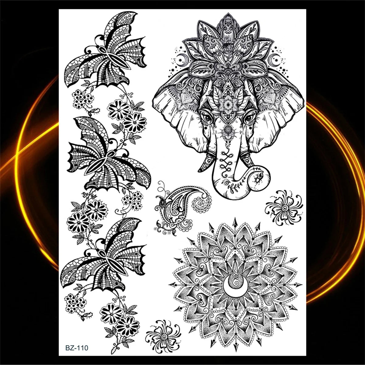 Dospita  -  Black Henna Lotus Pendant Temporary Tattoos For Women Adult DreamCatcher Elephant Fake Tattoo Body Art Underboob Tatoos