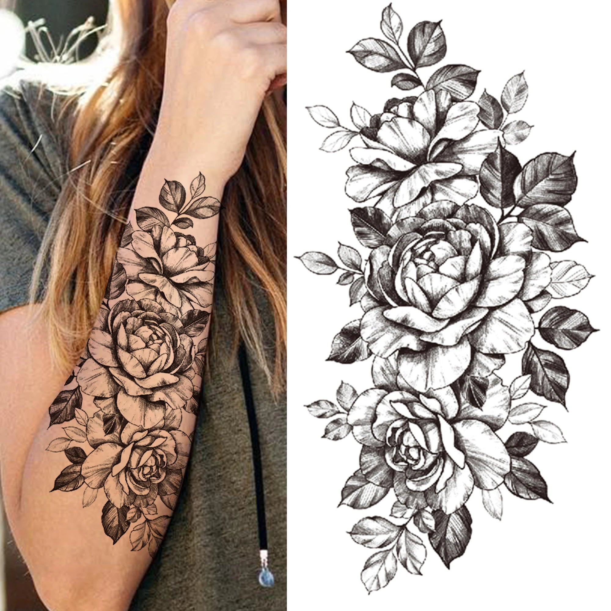 Dospita  -  Black 3D Rose Temporary Tattoo For Women Girls Adult Peony Dahlia Flower Tattoos Sticker Black Flora Glory Geometric Arm Tatoos