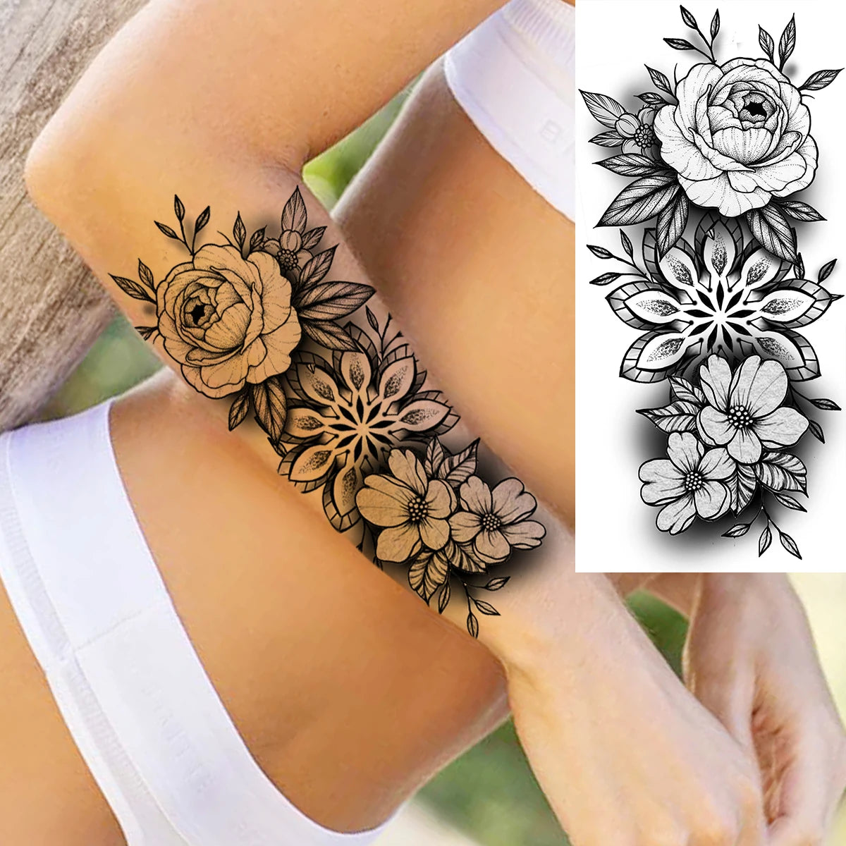 Dospita  -  Black Realistic Rose Flower Temporary Tattoos For Women Adult Girl Peony Realistic Fake Tattoowashable Half Sleeve Tatoos Decal