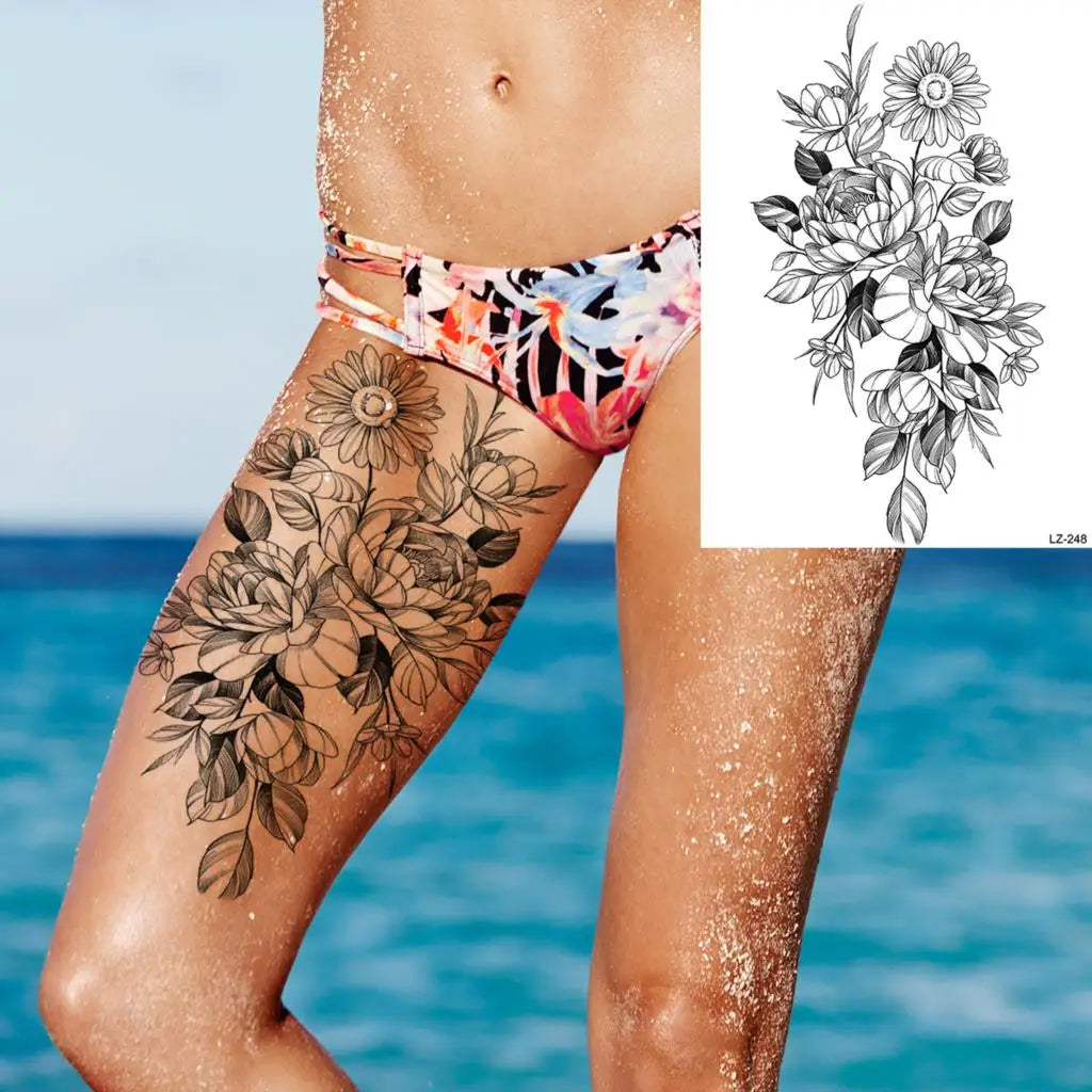 Dospita  -  3D Black Rose Flower Mandala Pendant Temporary Tattoos For Women Adult Lotus Peony Compass Fake Tattoo Sexy Thigh Washable Tatoo