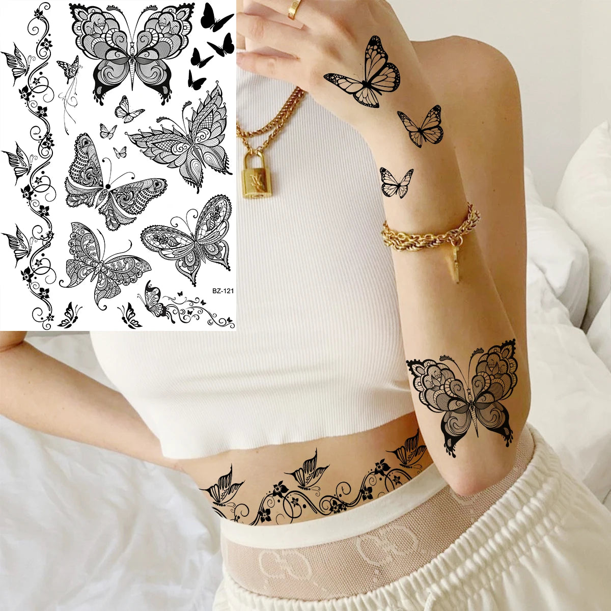 Dospita  -  Black Henna Lotus Pendant Temporary Tattoos For Women Adult DreamCatcher Elephant Fake Tattoo Body Art Underboob Tatoos