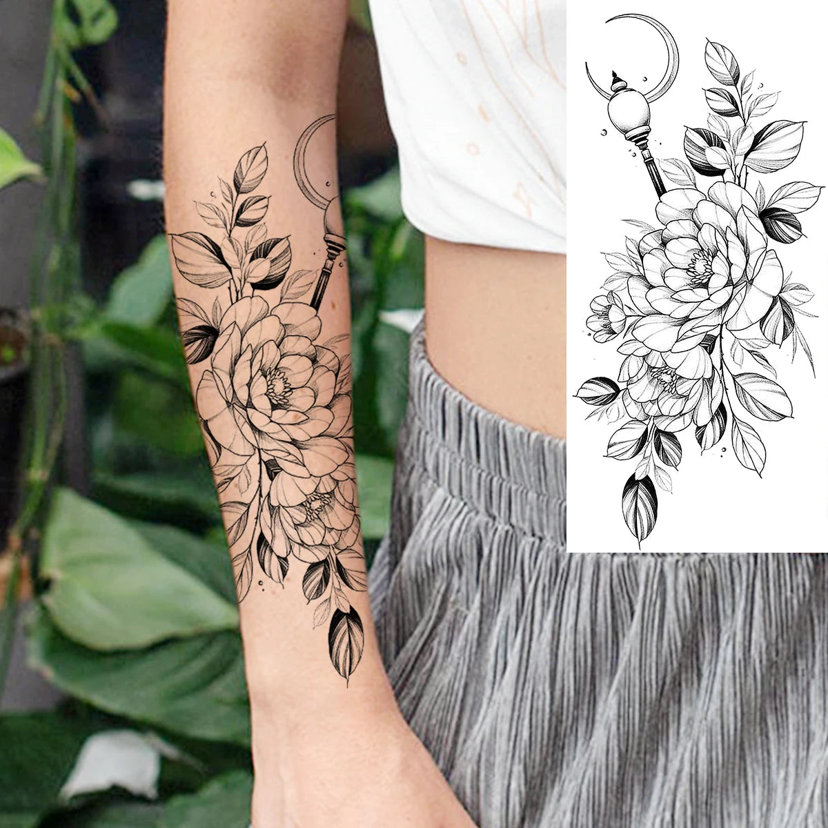 Dospita  -  Black Realistic Rose Flower Temporary Tattoos For Women Adult Girl Peony Realistic Fake Tattoowashable Half Sleeve Tatoos Decal