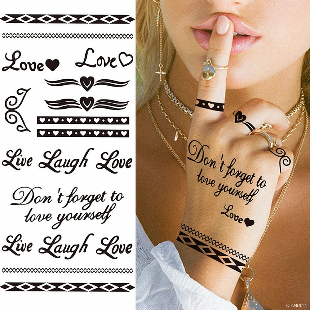 Dospita  -  Black Alphabet Letter Temporary Tattoo Sticker Arm Sleeve Love Word Heart Lightning Fashion Fake Body Leg Finger Women Totem