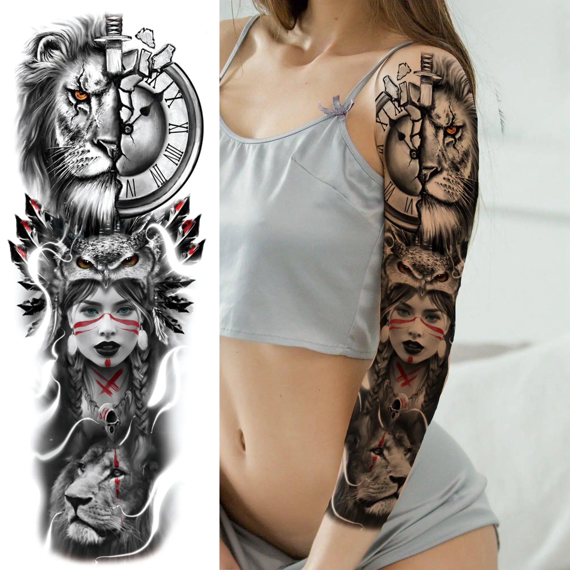 Dospita  -  Black Forest Wolf Temporary Tattoos Sleeve For Men Women Fake Soldier Compass Eye Tattoo Sticker Full Arm Washable Tatoos Sets