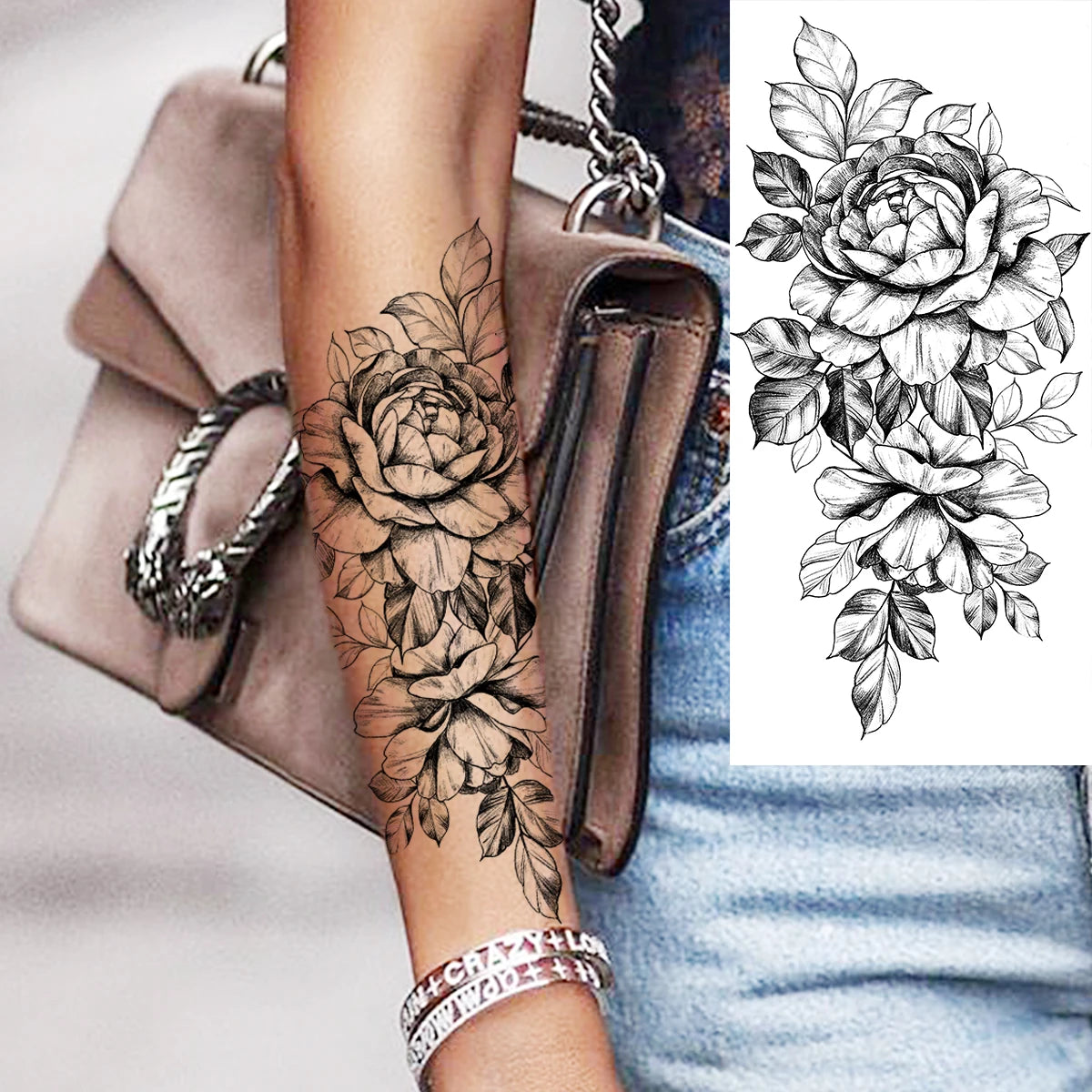 Dospita  -  Black Realistic Rose Flower Temporary Tattoos For Women Adult Girl Peony Realistic Fake Tattoowashable Half Sleeve Tatoos Decal