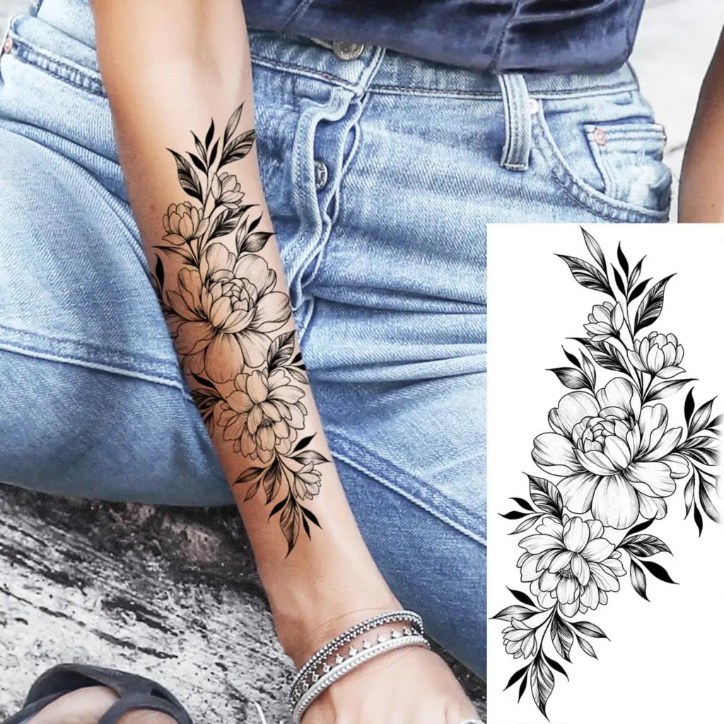 Dospita  -  Black Realistic Rose Flower Temporary Tattoos For Women Adult Girl Peony Realistic Fake Tattoowashable Half Sleeve Tatoos Decal